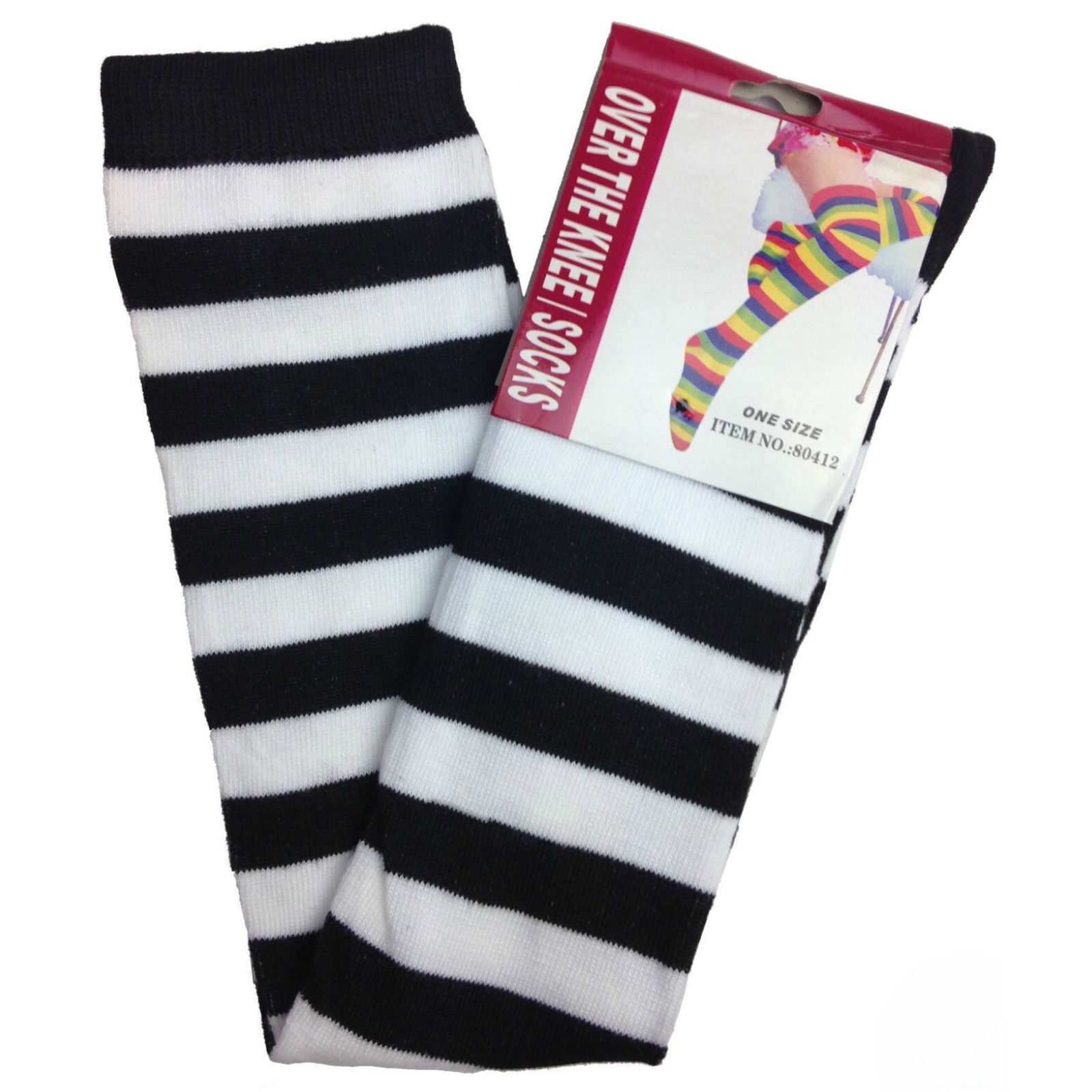 Womens Over Knee Socks Striped Thigh High Stockings Long Stretch - Black/White
