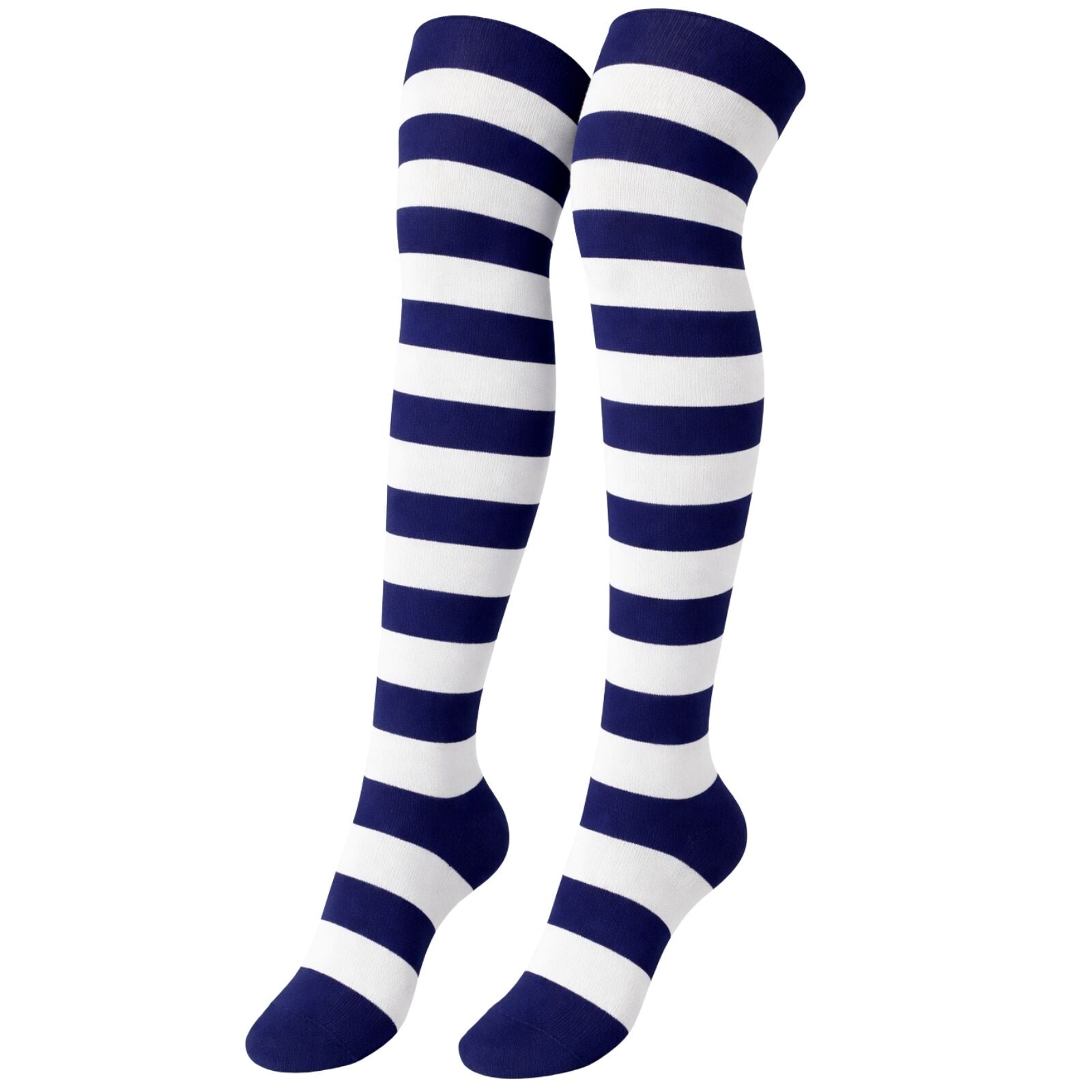 Womens Over Knee Socks Striped Thigh High Stockings Long Stretch - Blue/White