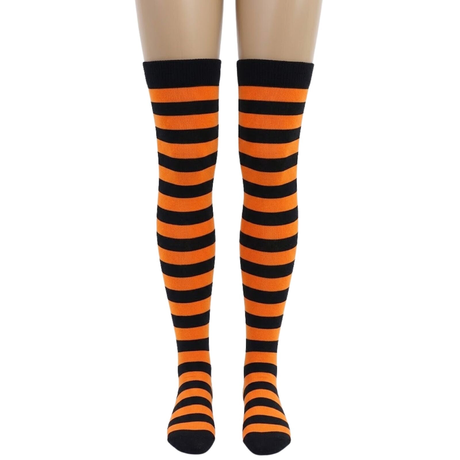 Womens Over Knee Socks Striped Thigh High Stockings Long Stretch - Orange/Black