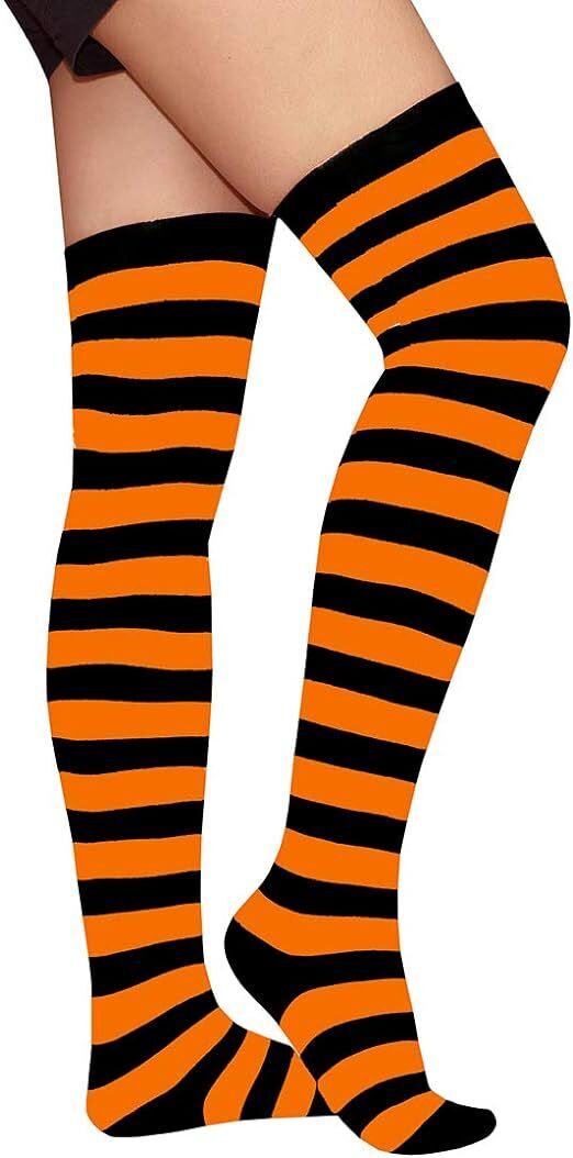 Womens Over Knee Socks Striped Thigh High Stockings Long Stretch - Orange/Black