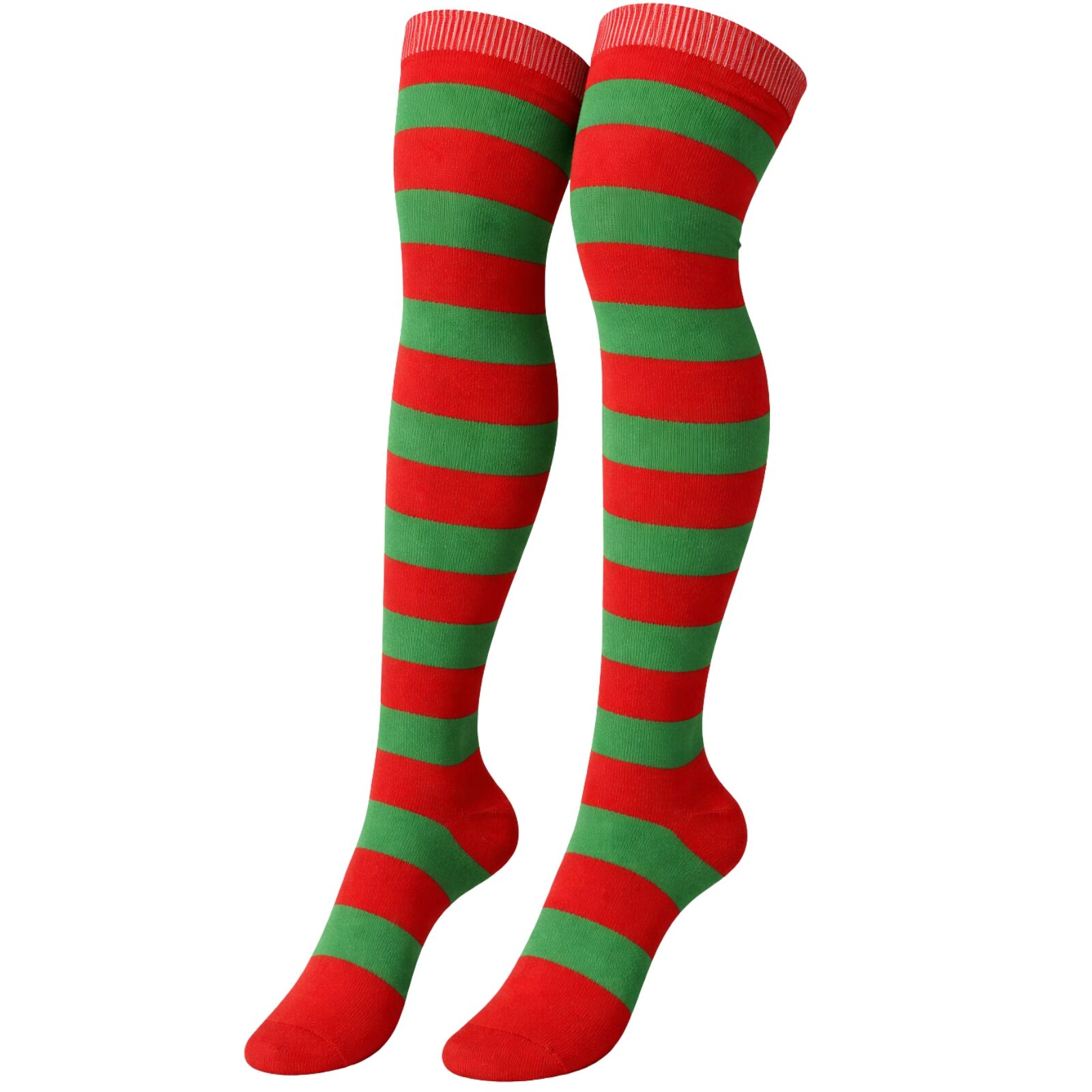 Womens Over Knee Socks Striped Thigh High Stockings Long Stretch - Red/Green