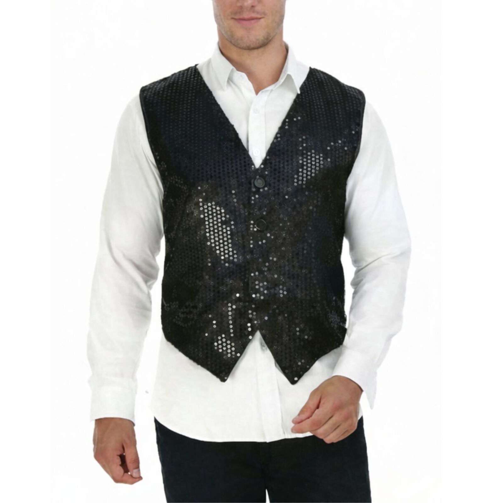 Mens Sequin Vest Waistcoat Disco Sparkle Costume Dance Party One Size - Black