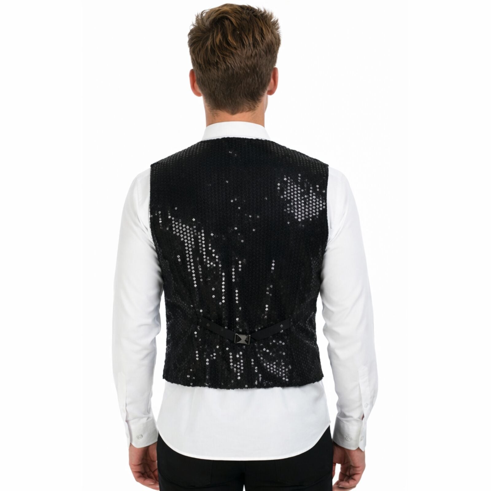 Mens Sequin Vest Waistcoat Disco Sparkle Costume Dance Party One Size - Black