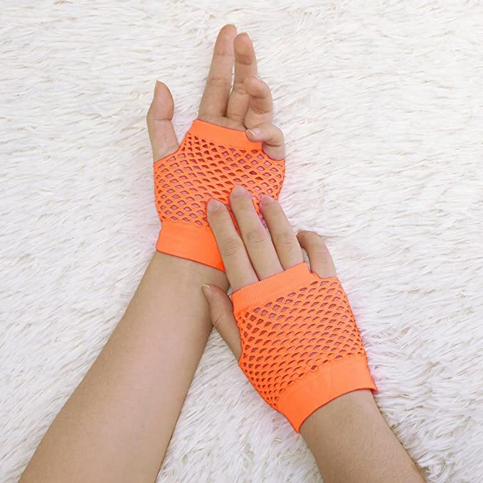 Costumes & Accessories: 1 Pair Fishnet Gloves Fingerless Wrist Length 70s 80s Costume Party - Orange