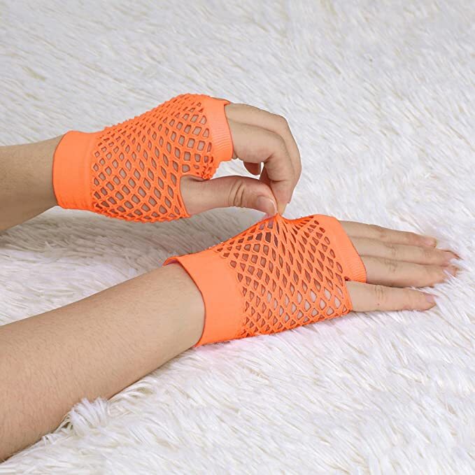 Costumes & Accessories: 1 Pair Fishnet Gloves Fingerless Wrist Length 70s 80s Costume Party - Orange