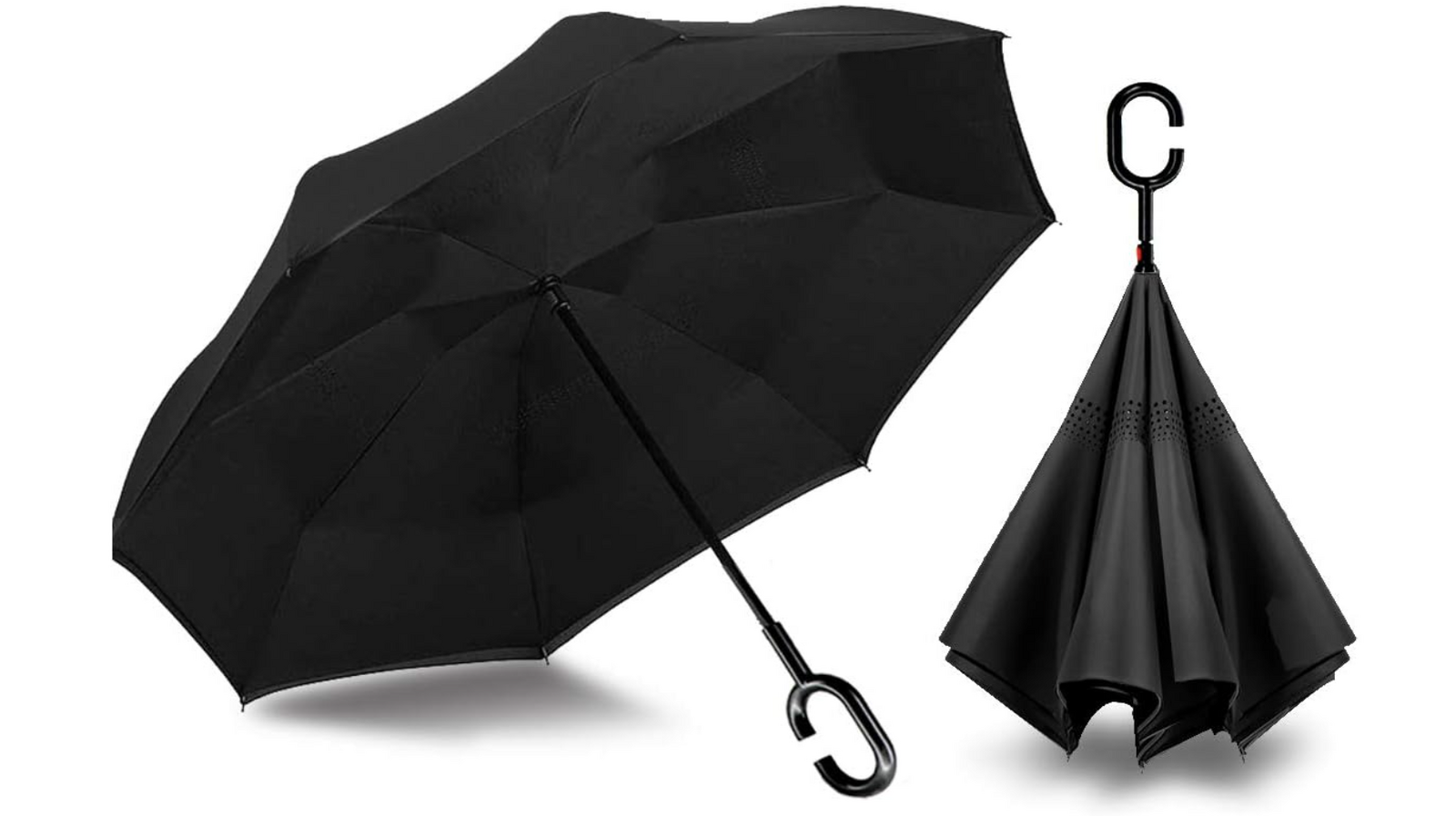 Umbrellas & Sunshades: Reverse Umbrella Windproof Double Layer C-Handle Inverted Folding in Black