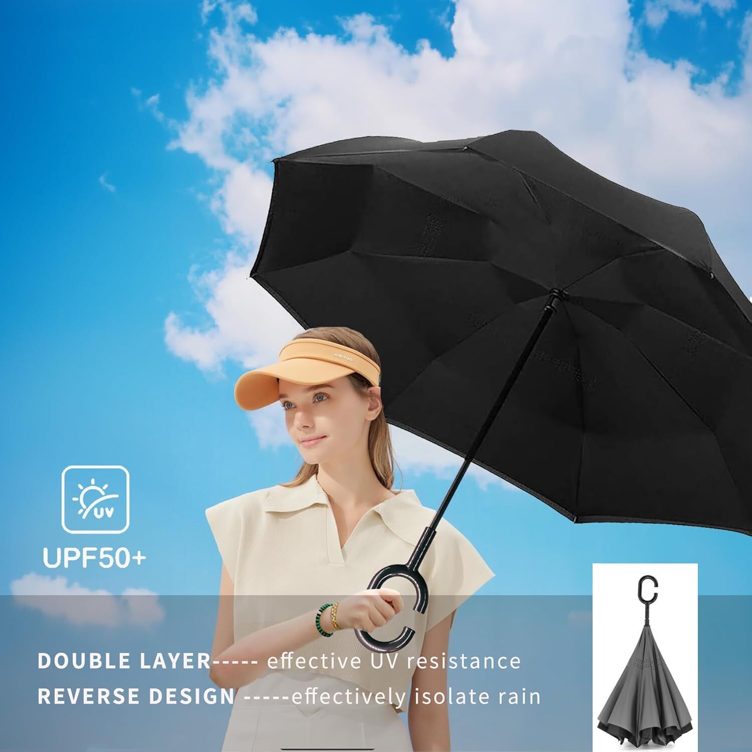 Umbrellas & Sunshades: Reverse Umbrella Windproof Double Layer C-Handle Inverted Folding in Black