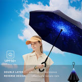 Umbrellas & Sunshades: Reverse Umbrella Windproof Double Layer C-Handle Inverted Folding in Galaxy Print