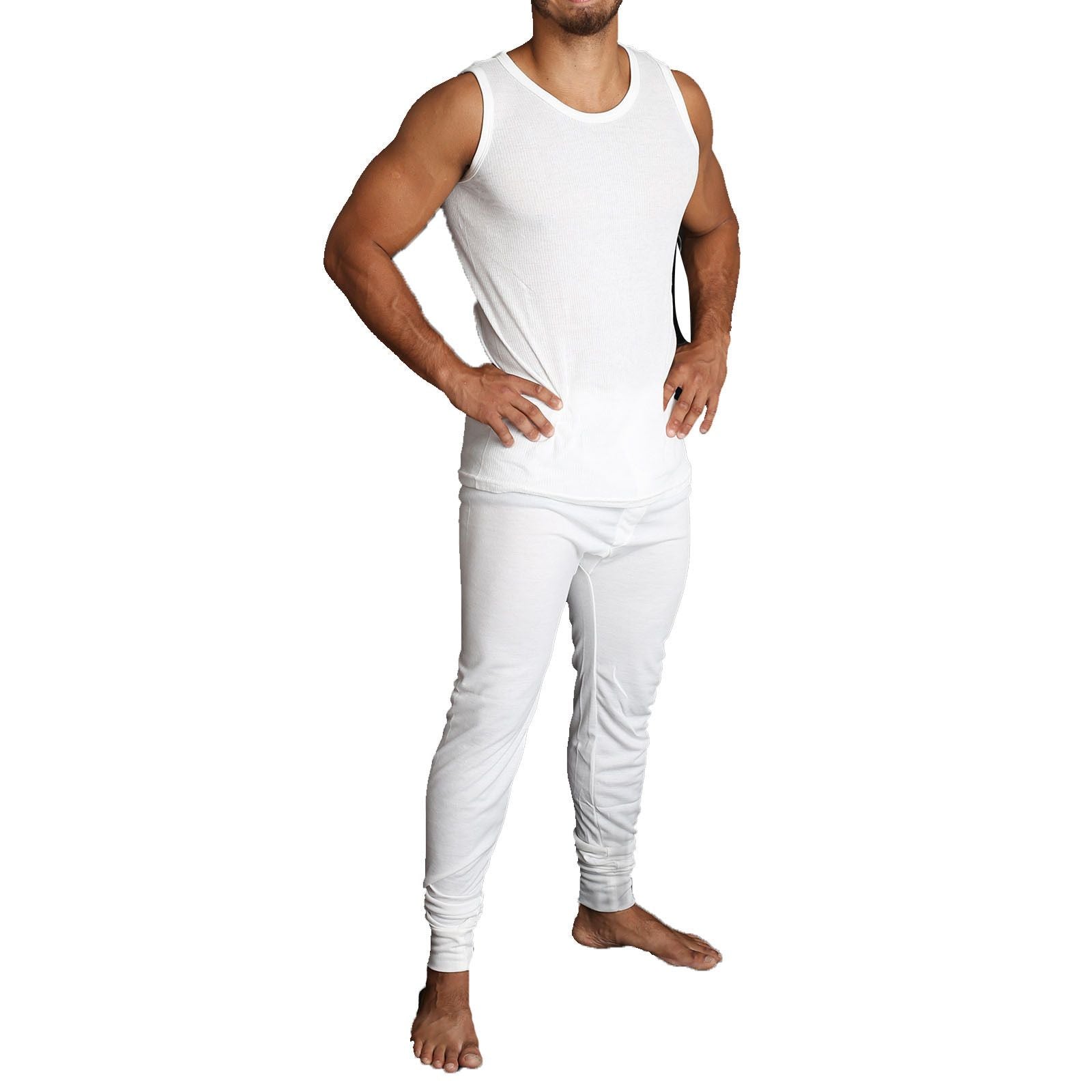 2pcs Set Mens Merino Wool Blend Thermal Singlet Top & Pants Underwear Thermals - Beige - S