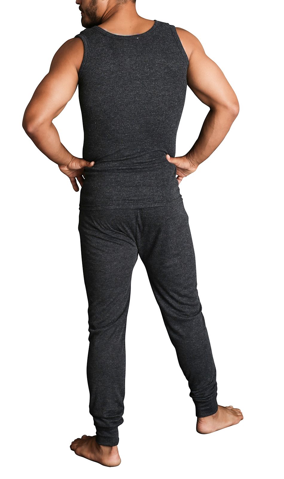 2pcs Set Mens Merino Wool Blend Thermal Singlet Top & Pants Underwear Thermals - Black - L