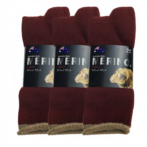 3 Pairs MERINO WOOL SOCKS Mens Heavy Duty Premium Thick Work Socks Cushion - Burgundy - 6-11