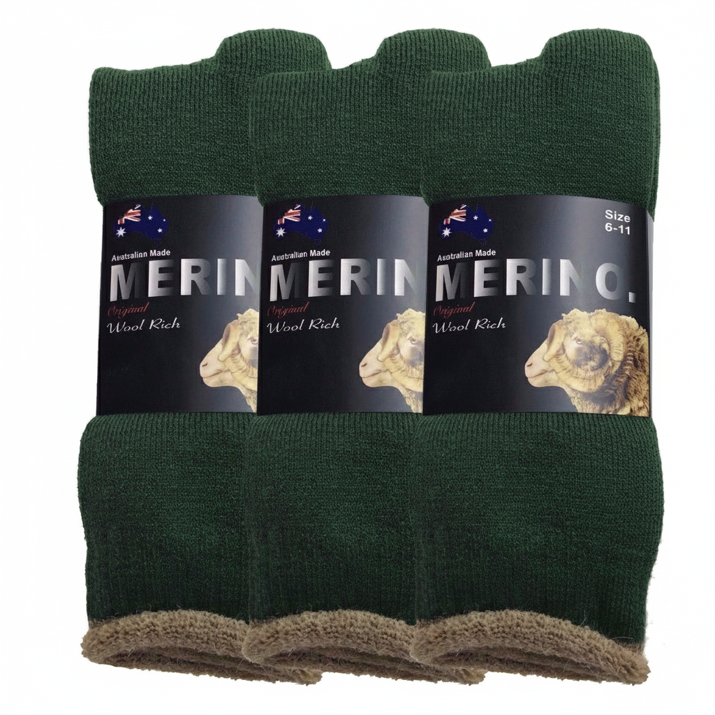 Men's Underwear & Socks: 3 Pairs MERINO WOOL SOCKS Mens Heavy Duty Premium Thick Work Socks Cushion - Green - 6-11