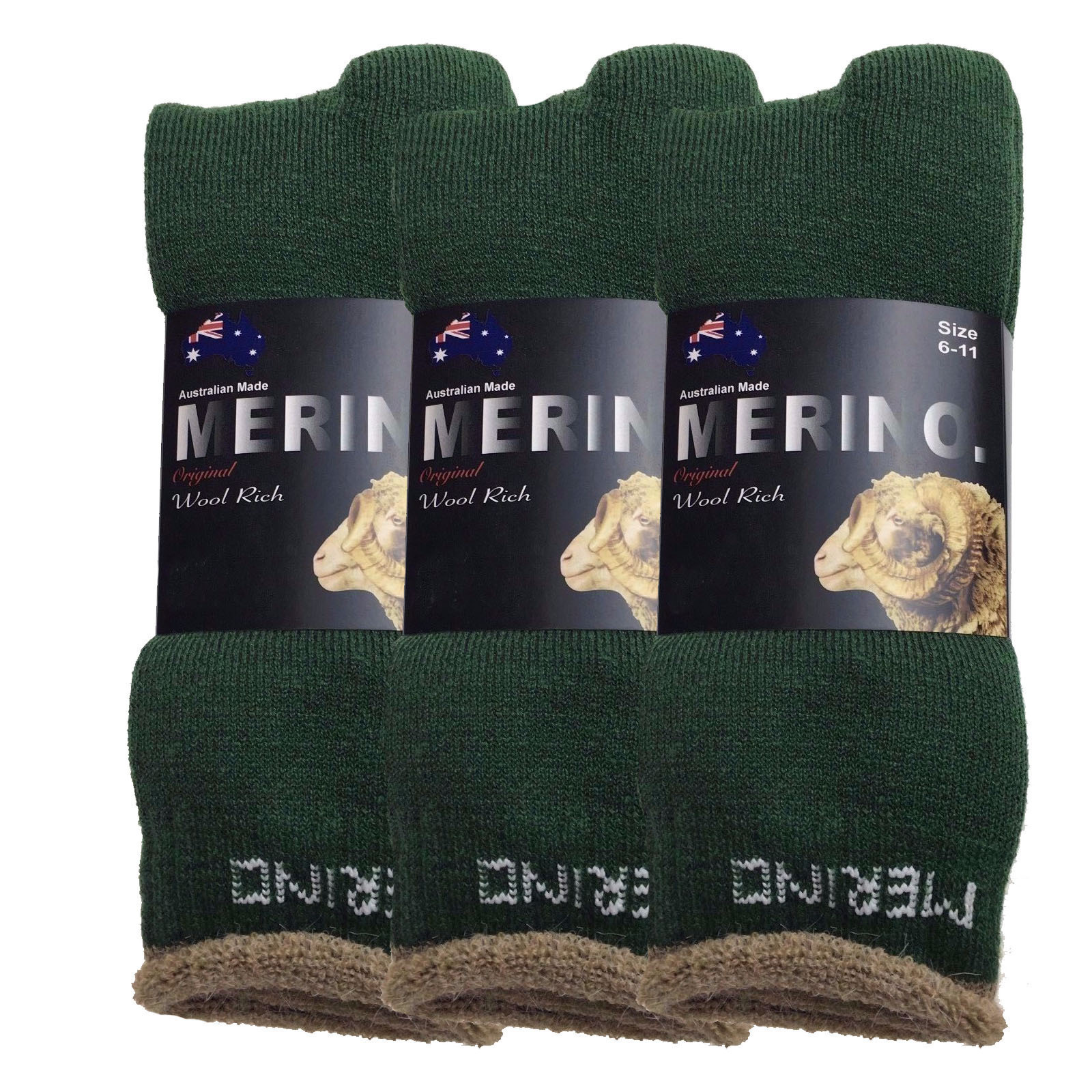 Men's Underwear & Socks: 3 Pairs MERINO WOOL SOCKS Mens Heavy Duty Premium Thick Work Socks Cushion - Green - 11-14