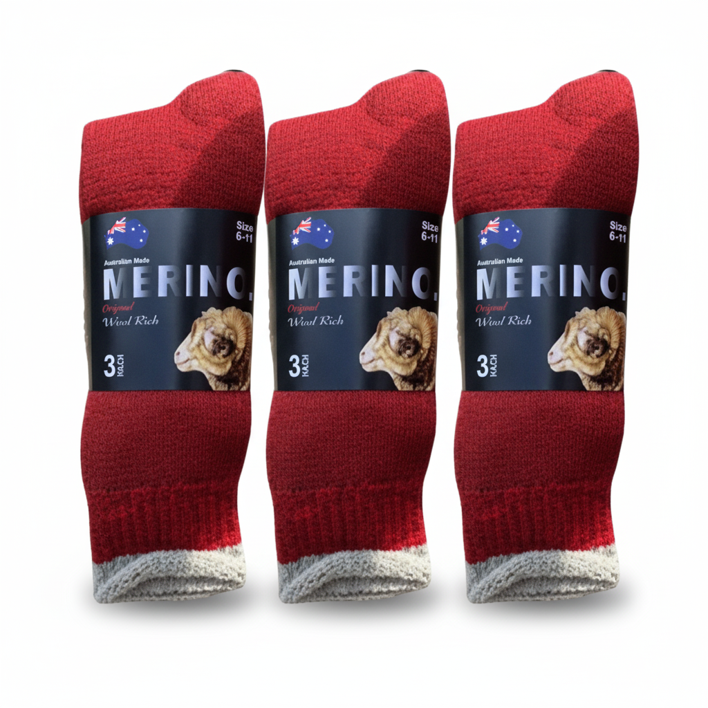 Men's Underwear & Socks: 3 Pairs MERINO WOOL SOCKS Mens Heavy Duty Premium Thick Work Socks Cushion - Red - 11-14