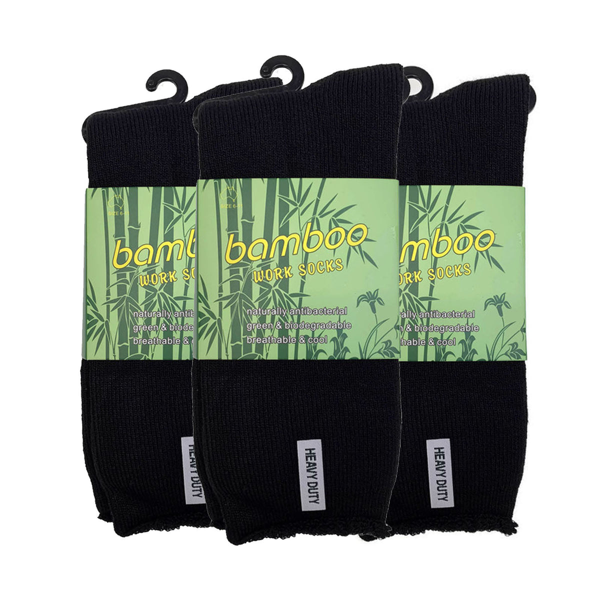 3 Pairs Mens Bamboo Rich Work Socks Thick Cushioned Anti Odour - Black - 6-11