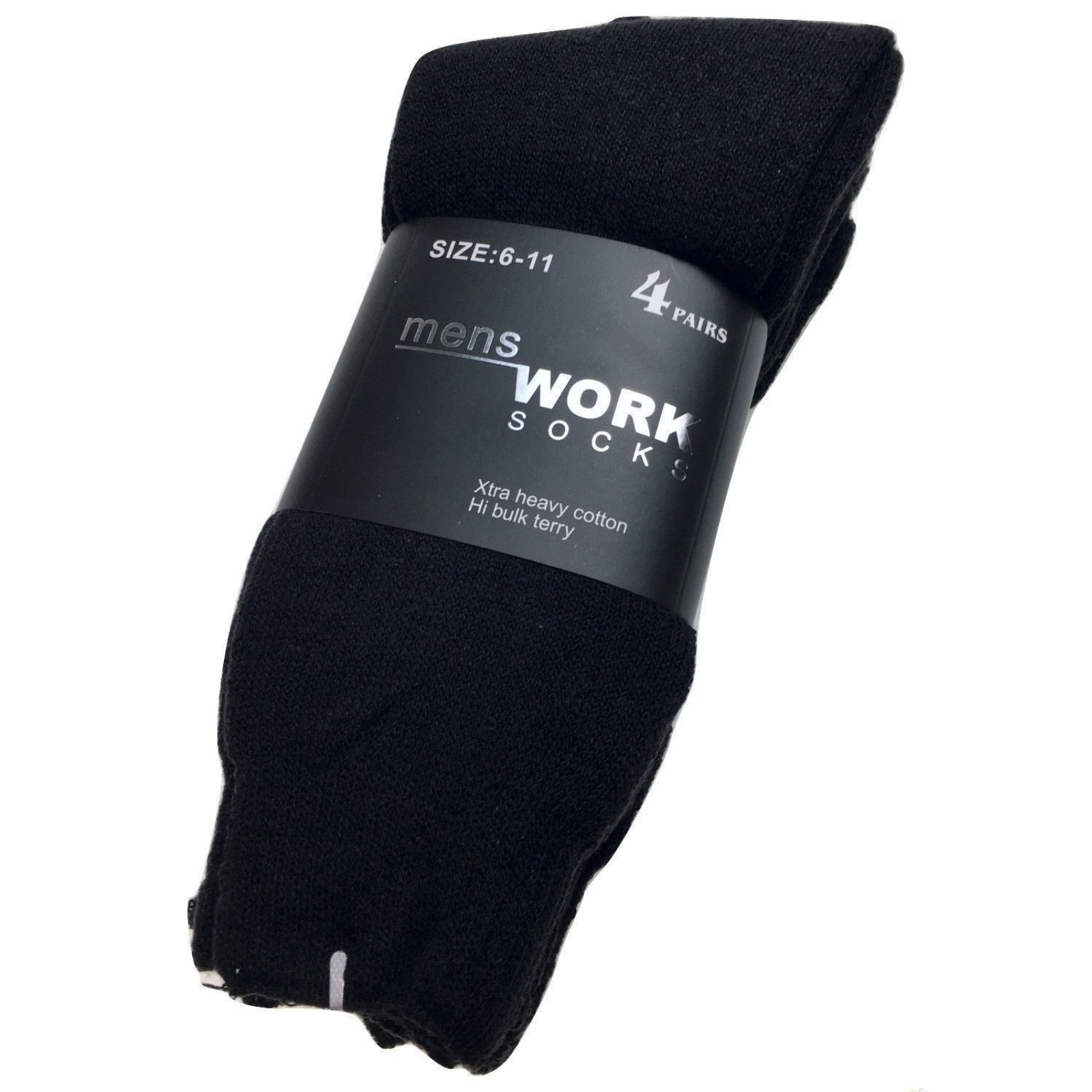 4 Pairs Mens Heavy Duty Work Socks Terry Cotton Thick Warm Crew - Black - 6-11