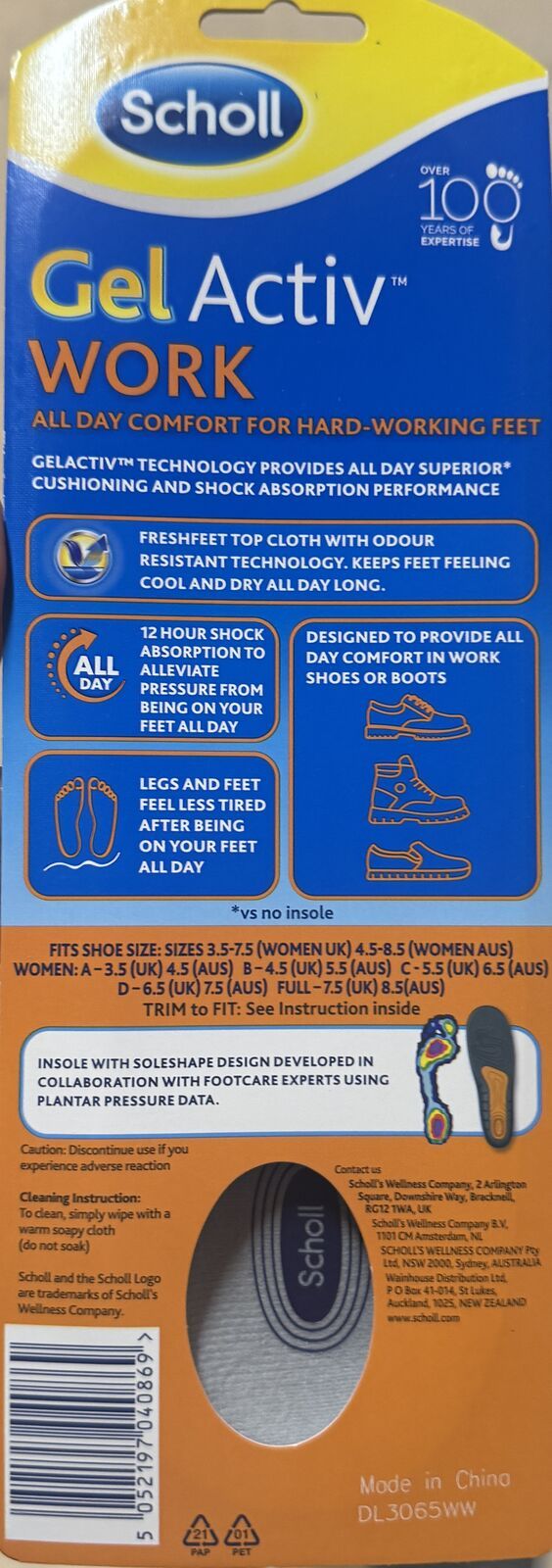 1 Pair Scholl Womens GelActiv Work Insoles w/ Odour Control in Size 3.5-7.5UK
