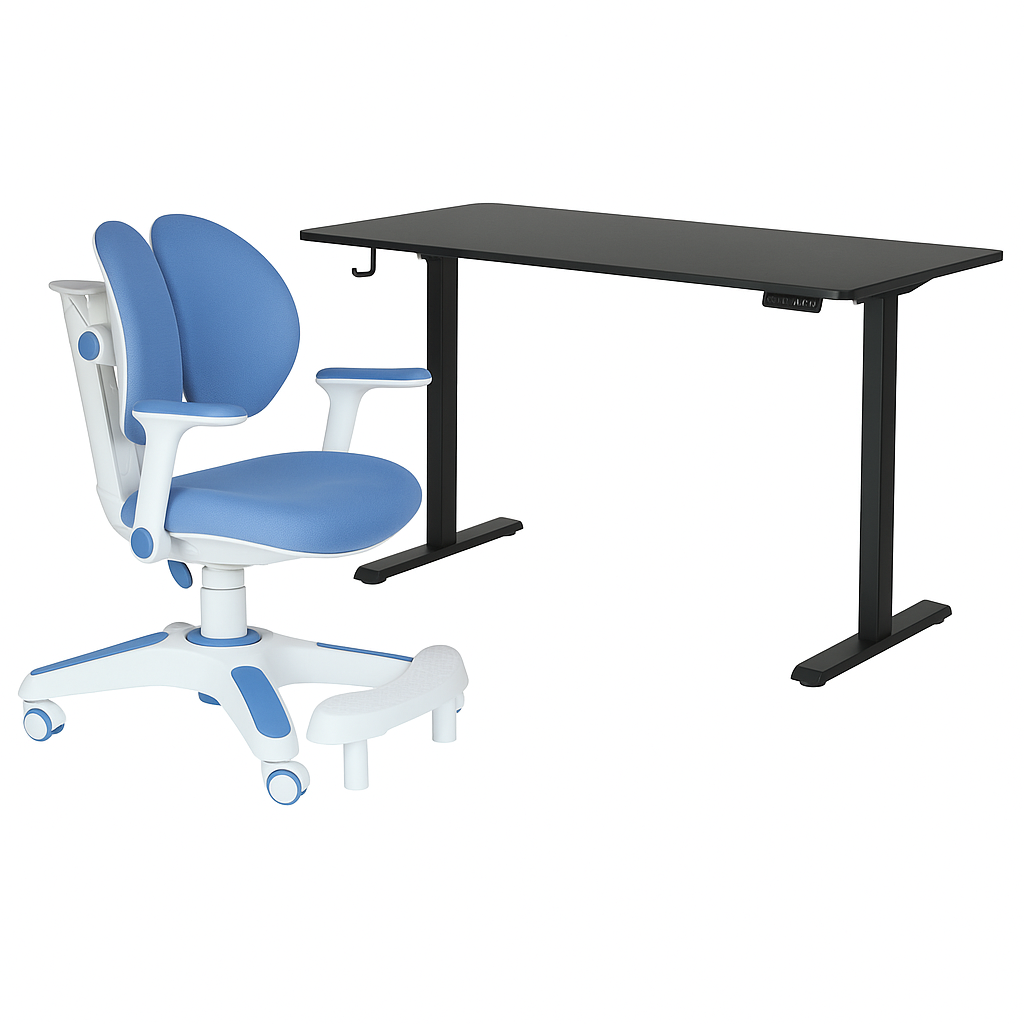 Ergonomic Kids Study Chair & Adjustable Electric Standing Desk Set â€“ Blue Chair & Black Desk