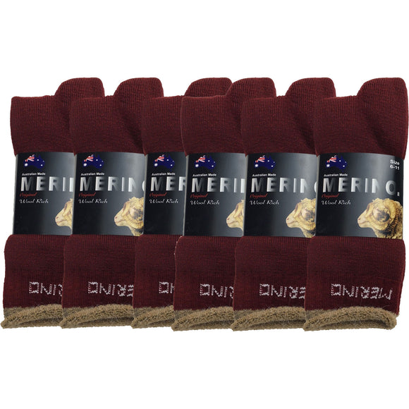 6 Pairs MERINO WOOL SOCKS Mens Heavy Duty Premium Thick Work Socks Cushion BULK - Burgundy - 11-14