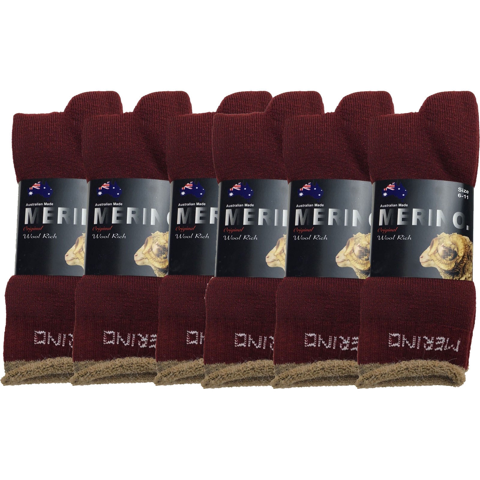Men's Underwear & Socks: 6 Pairs MERINO WOOL SOCKS Mens Heavy Duty Premium Thick Work Socks Cushion BULK - Burgundy - 6-11
