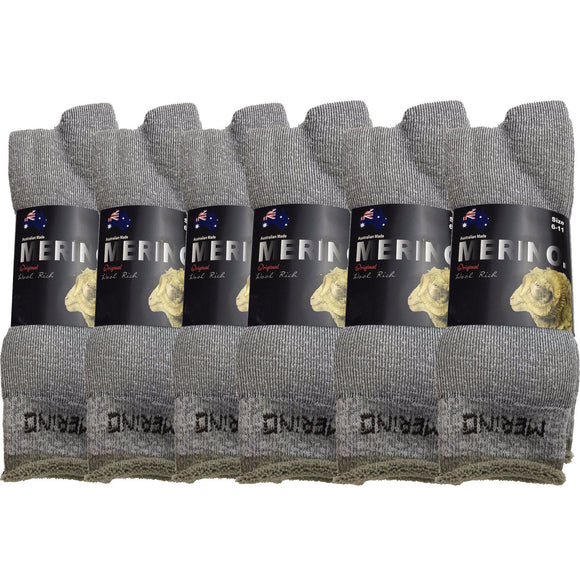6 Pairs MERINO WOOL SOCKS Mens Heavy Duty Premium Thick Work Socks Cushion BULK - Grey - 11-14