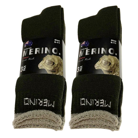 6 Pairs MERINO WOOL SOCKS Mens Heavy Duty Premium Thick Work Socks Cushion BULK - Olive - 11-14