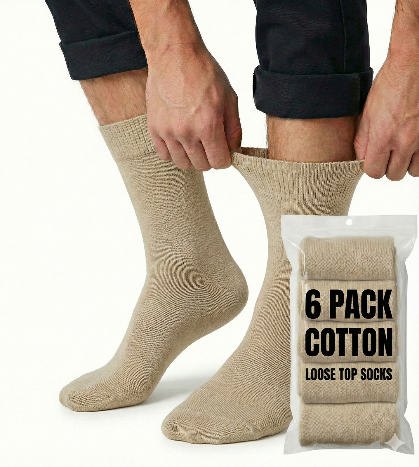 6x Pair COTTON Rich LOOSE TOP SOCKS Circulation Diabetic Comfort in Beige - 11-14