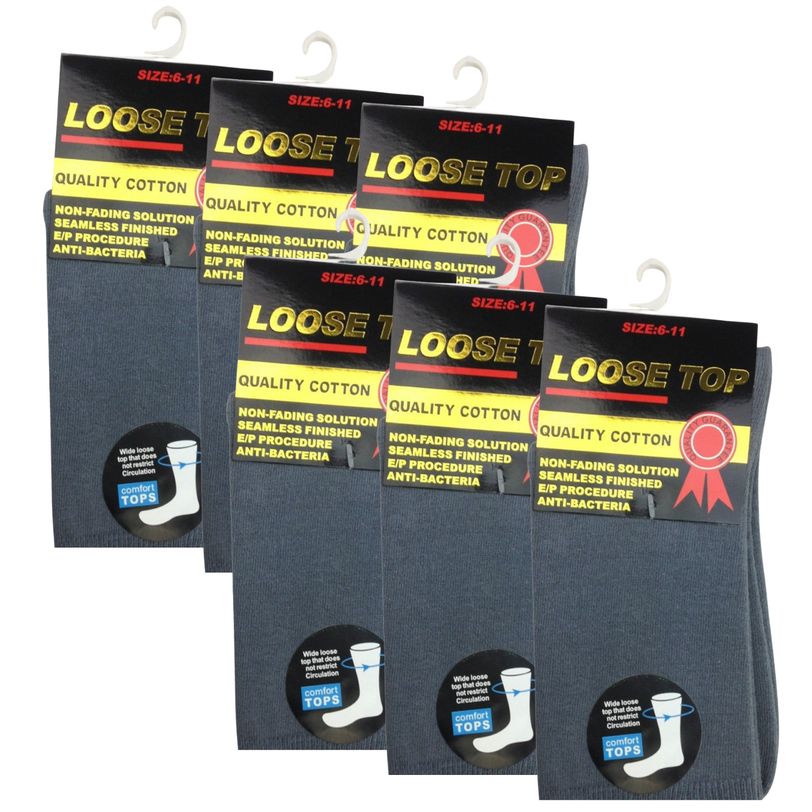 6x Pair COTTON Rich LOOSE TOP SOCKS Circulation Diabetic Comfort in Grey - 6-11