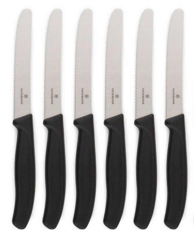Kitchen Knives: 6x Victorinox Standard Wavy Edge Steak and Tomato Knife - Black