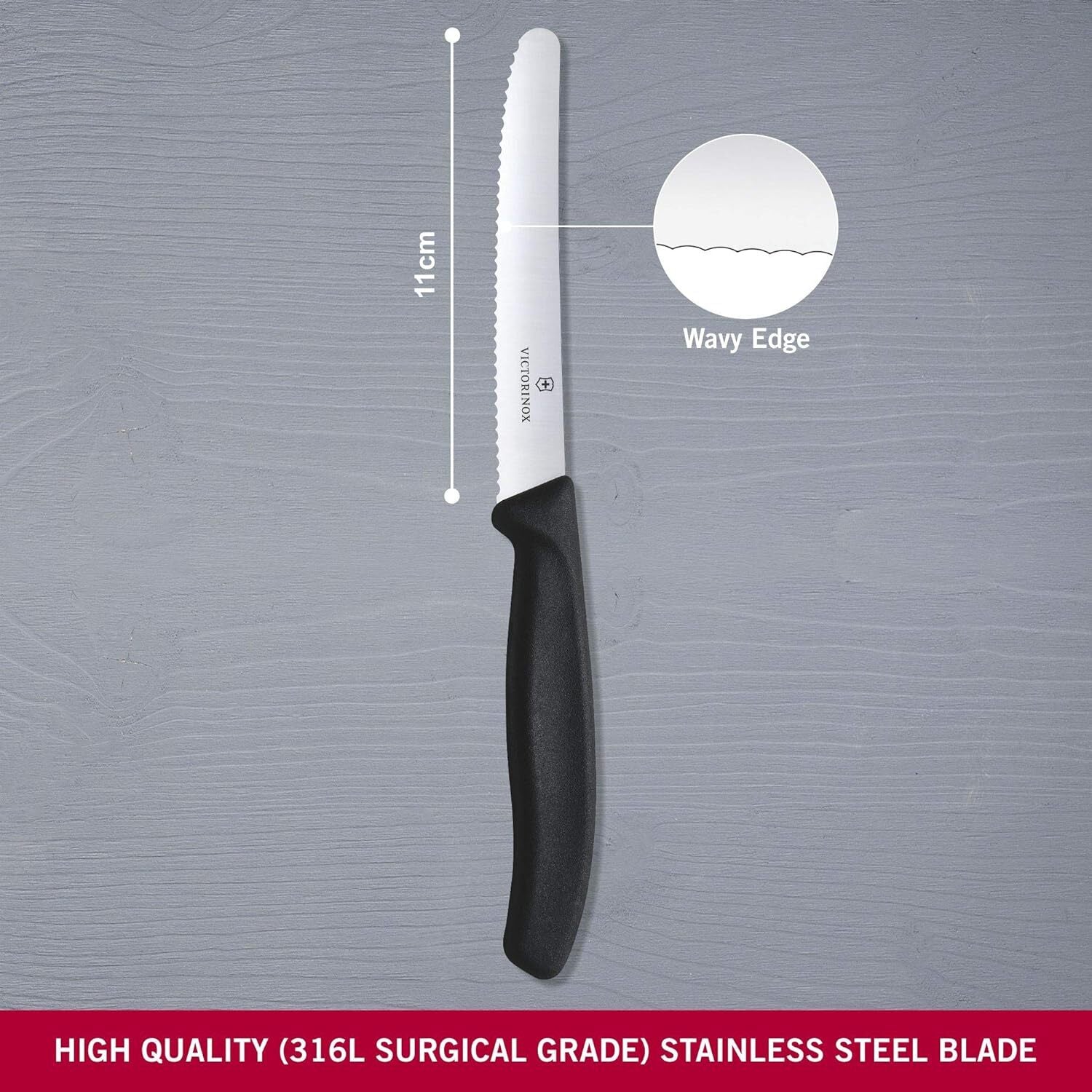 Kitchen Knives: 6x Victorinox Standard Wavy Edge Steak and Tomato Knife - Black