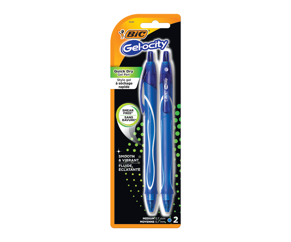 Pens & Pencils: BiC Gel-Ocity Quick Dry Gel Pen Medium Blue (0.7 mm) -12 Packs of 2 Units (24 Pens Total)