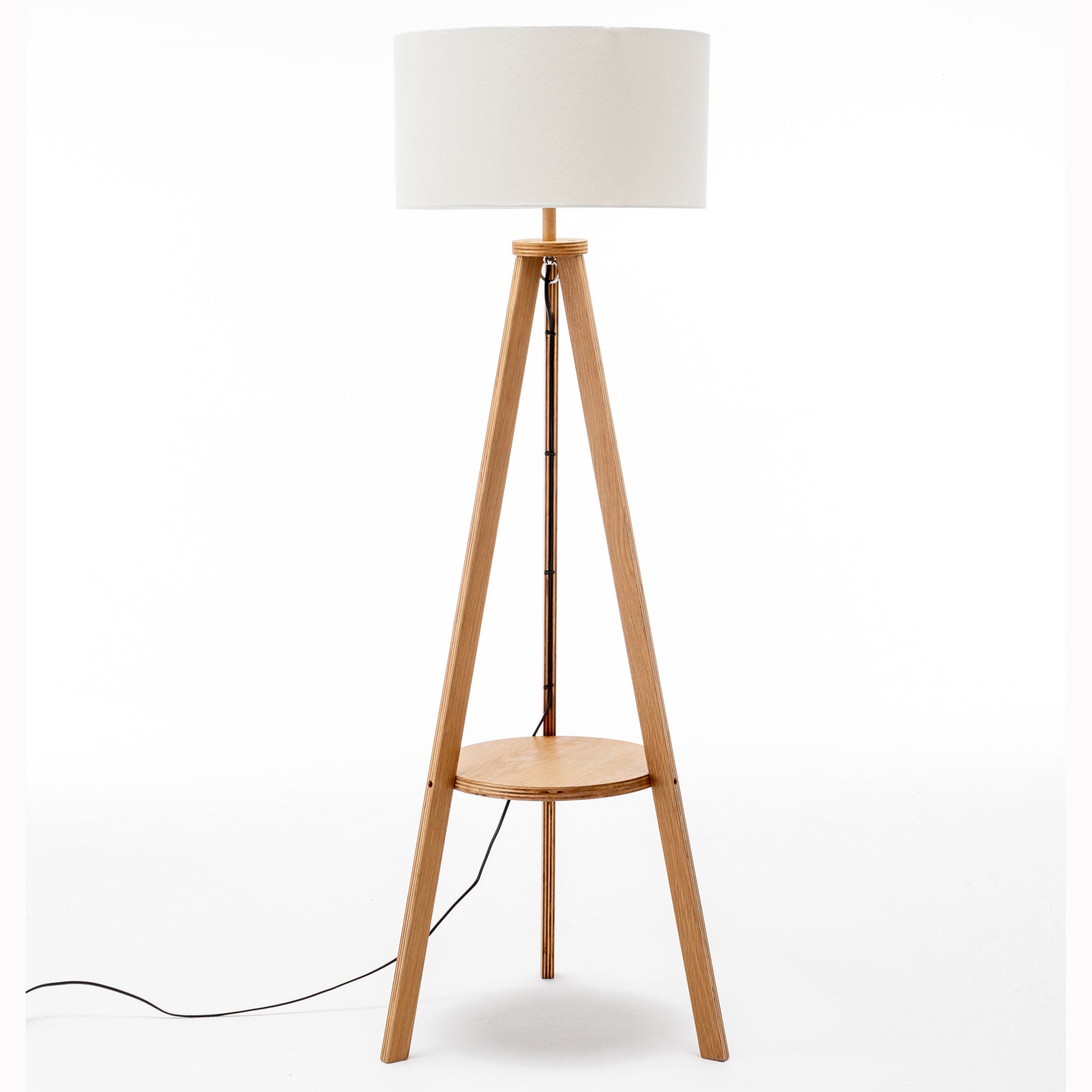 Floor Lamps: Natural Wooden Tripod Floor Lamp w/ Round Wood Shelf + Off White Linen Shade