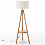 Floor Lamps: Natural Wooden Tripod Floor Lamp w/ Round Wood Shelf + Off White Linen Shade