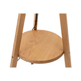Floor Lamps: Natural Wooden Tripod Floor Lamp w/ Round Wood Shelf + Off White Linen Shade