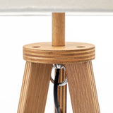 Floor Lamps: Natural Wooden Tripod Floor Lamp w/ Round Wood Shelf + Off White Linen Shade