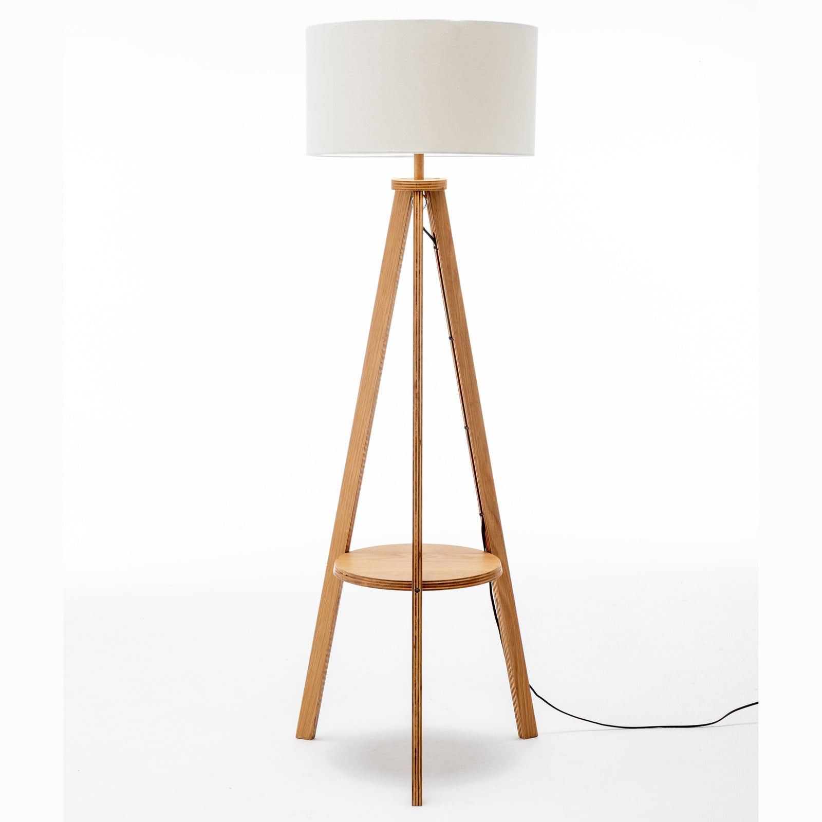 Floor Lamps: Natural Wooden Tripod Floor Lamp w/ Round Wood Shelf + Off White Linen Shade