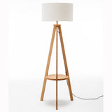 Floor Lamps: Natural Wooden Tripod Floor Lamp w/ Round Wood Shelf + Off White Linen Shade