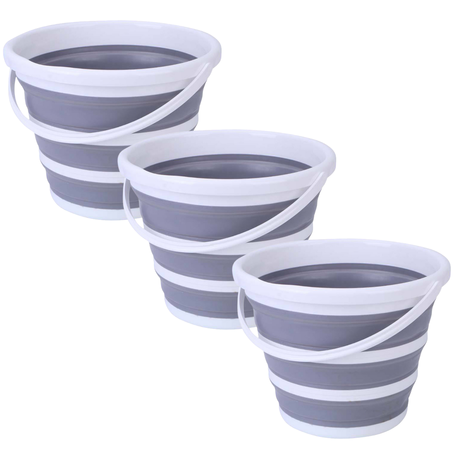 Camp Furniture: 3x 10L Foldable Collapsible Bucket Silicone Hiking/Camping/Fishing - Grey/White