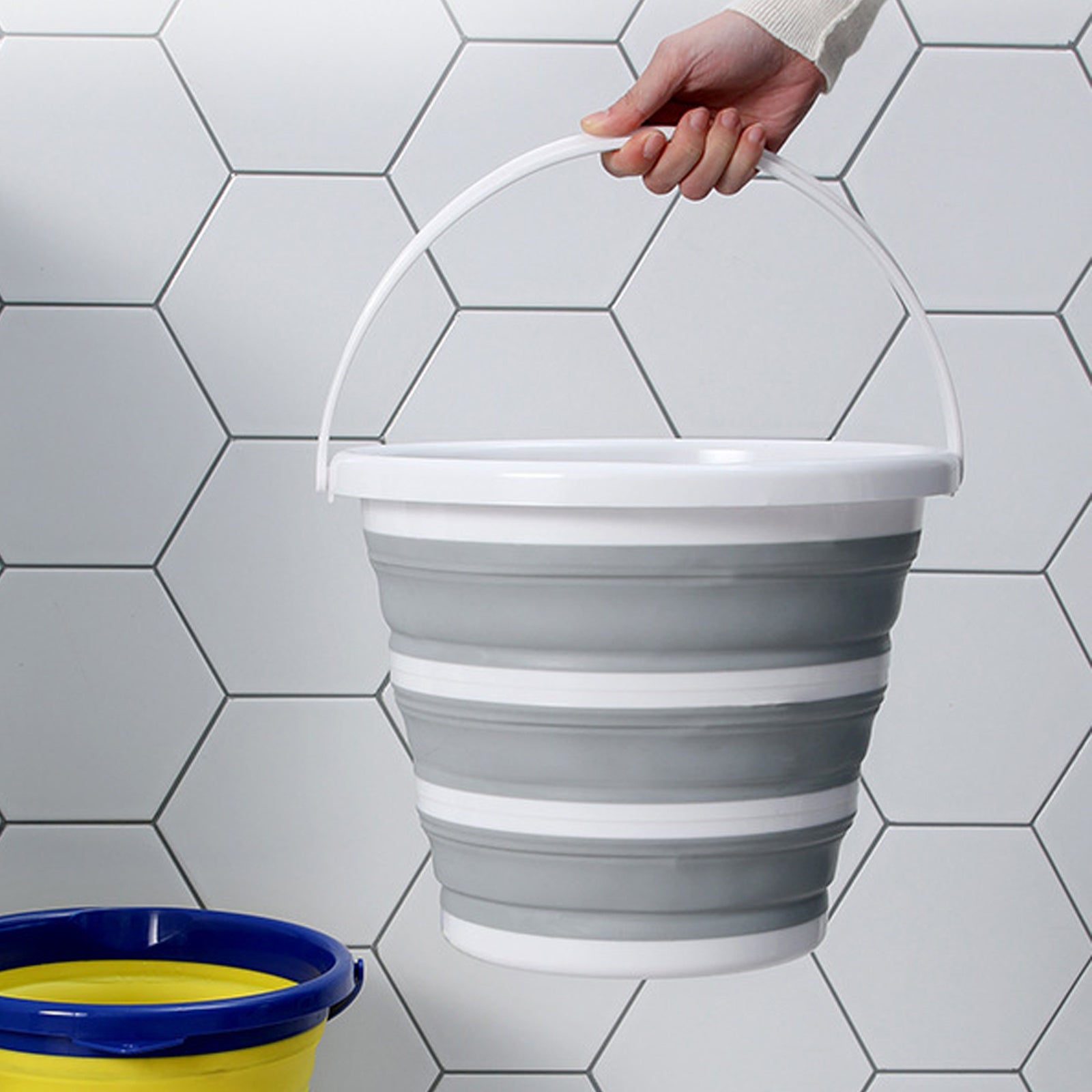 Camp Furniture: 3x 10L Foldable Collapsible Bucket Silicone Hiking/Camping/Fishing - Grey/White