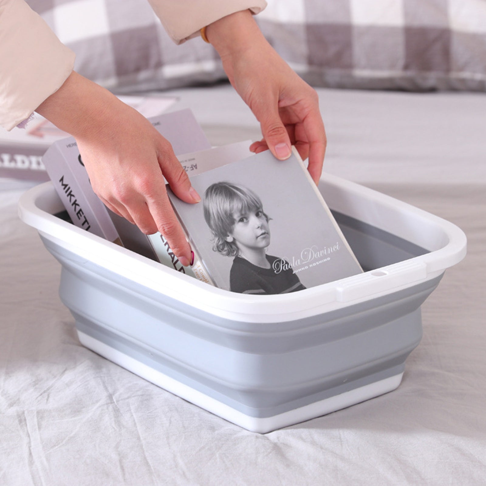Laundry Baskets: 9L Collapsible Laundry Basket Washing Clothes w/Handles Bin Foldable - Grey/White