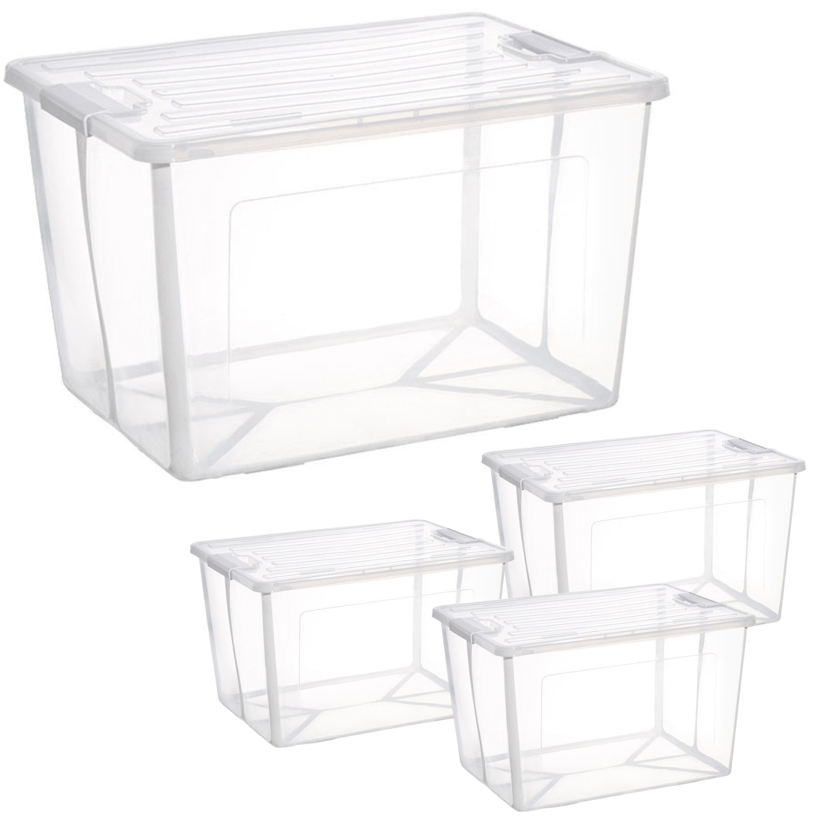 4x 57 Litre Modular Clear Foldable Storage Box with Lid Plastic Tub Collapsible