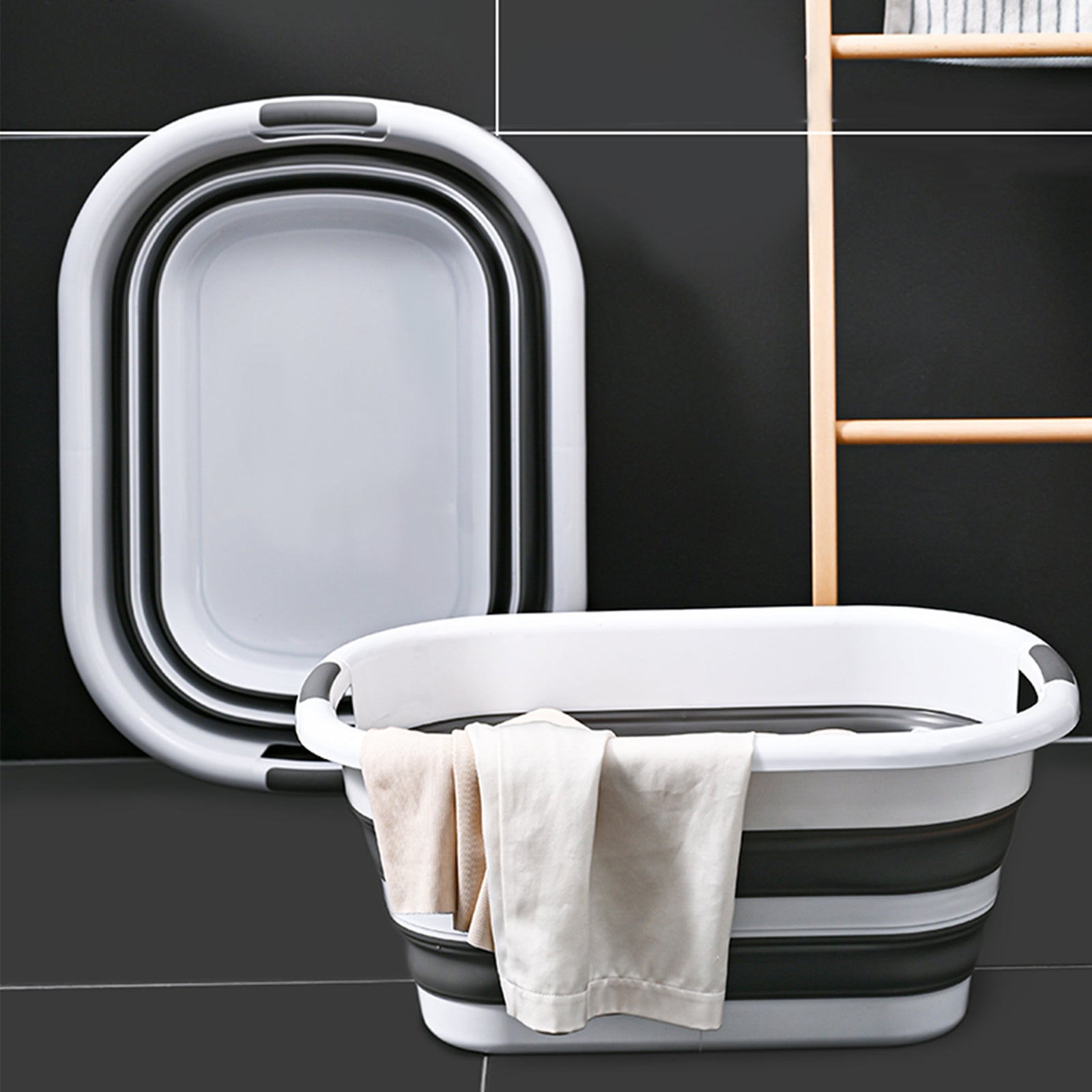 Laundry Baskets: 45L Collapsible Laundry Basket Washing Clothes w/Handles Bin Foldable - Grey/White