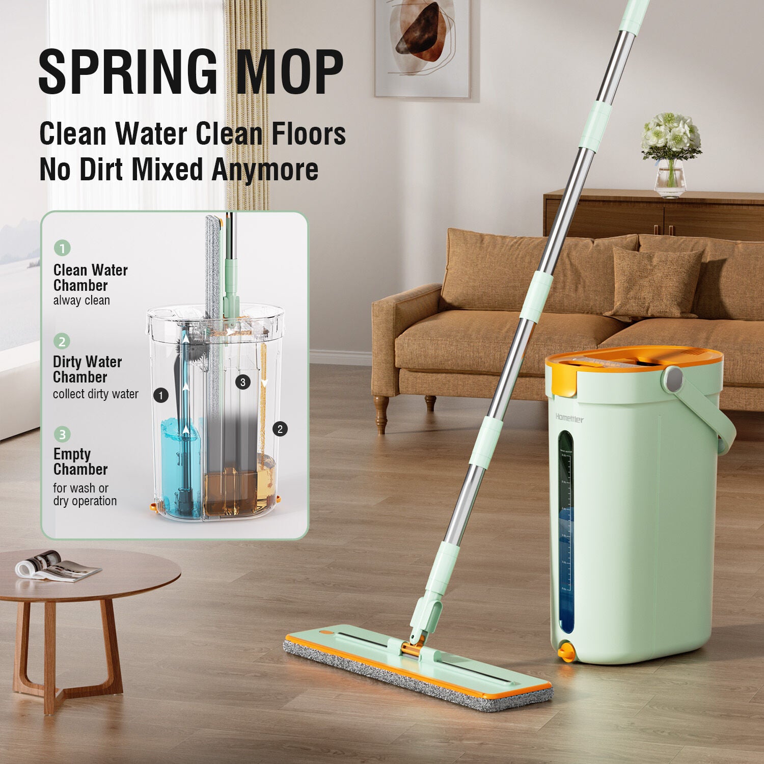 Cleaning & Care: Premium Microfiber Flat Mop Bucket Set w/ Clean & Dirty Water Separation 360 Degree - Light Green