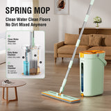 Cleaning & Care: Premium Microfiber Flat Mop Bucket Set w/ Clean & Dirty Water Separation 360 Degree - Light Green