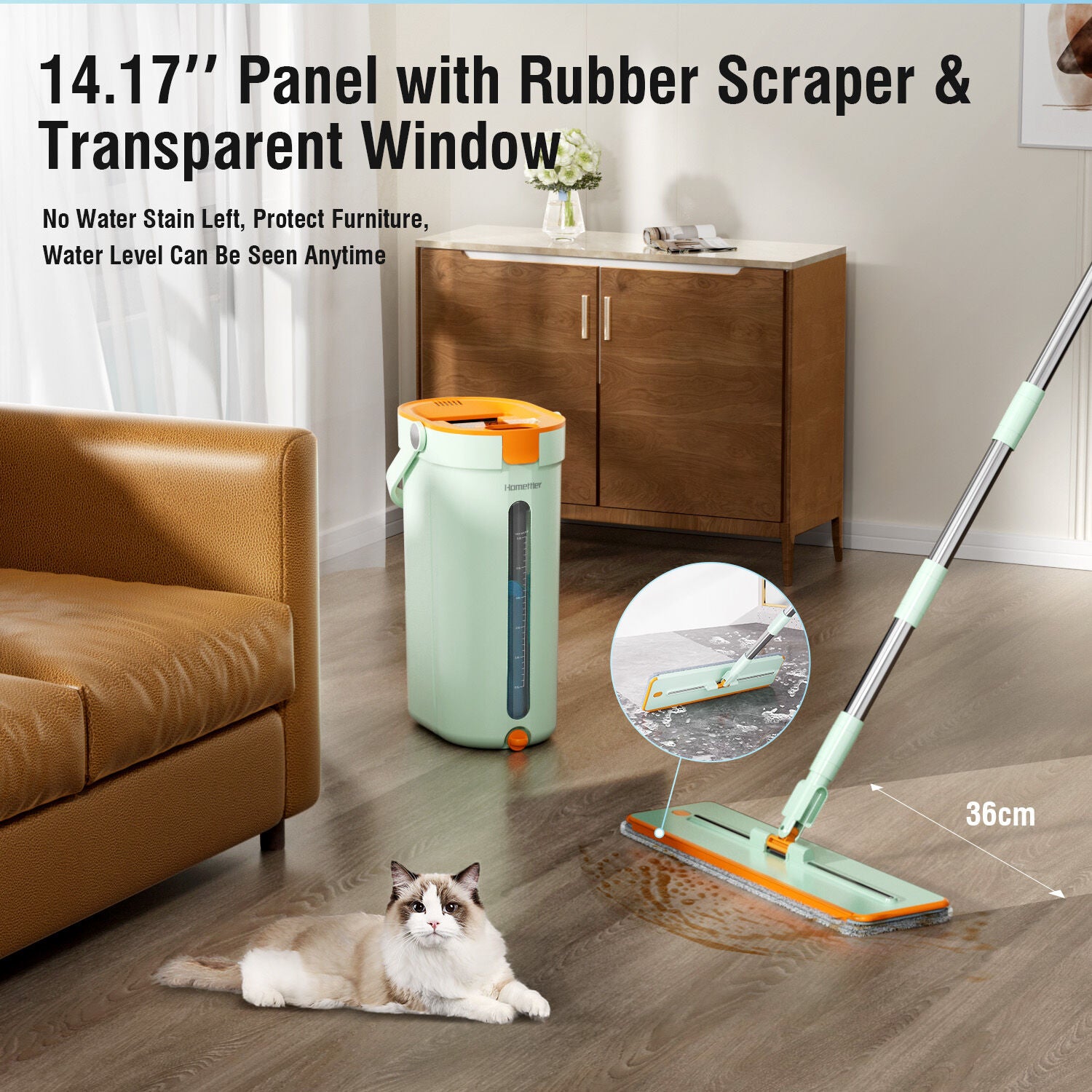 Cleaning & Care: Premium Microfiber Flat Mop Bucket Set w/ Clean & Dirty Water Separation 360 Degree - Light Green