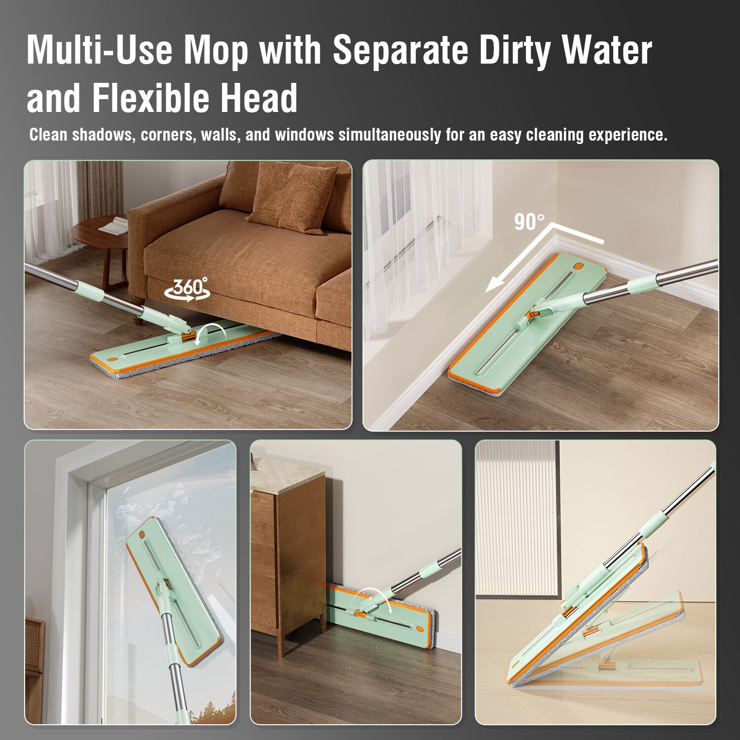 Cleaning & Care: Premium Microfiber Flat Mop Bucket Set w/ Clean & Dirty Water Separation 360 Degree - Light Green