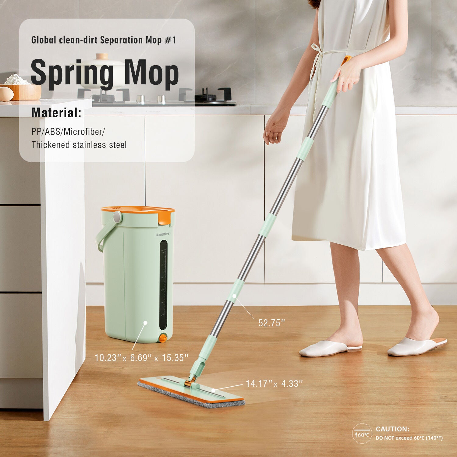 Cleaning & Care: Premium Microfiber Flat Mop Bucket Set w/ Clean & Dirty Water Separation 360 Degree - Light Green