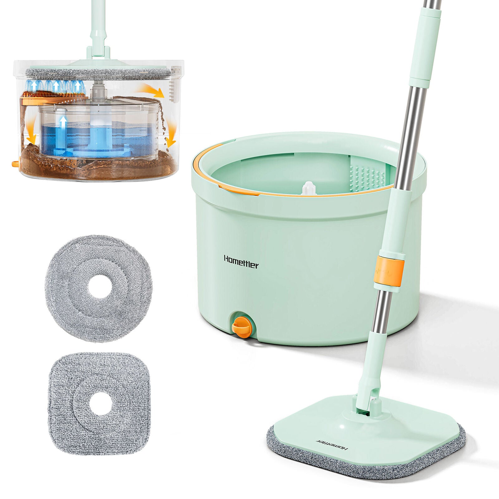Cleaning & Care: Premium Microfiber Round Mop Bucket Set w/ Clean & Dirty Water Separation 360 Degree - Light Green