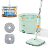 Cleaning & Care: Premium Microfiber Round Mop Bucket Set w/ Clean & Dirty Water Separation 360 Degree - Light Green