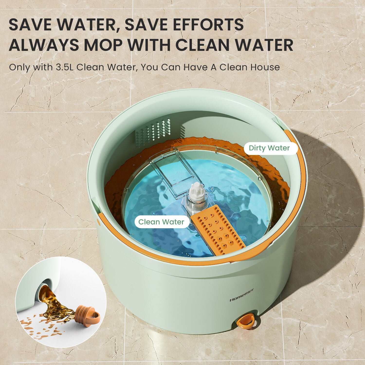 Cleaning & Care: Premium Microfiber Round Mop Bucket Set w/ Clean & Dirty Water Separation 360 Degree - Light Green
